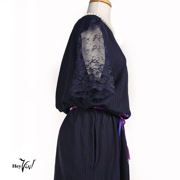 Vintage 80s Blue Dress Padded Shoulder Elastic Waist Lace Sleeves Sz 18 -Hey Viv - Picture 4 of 6